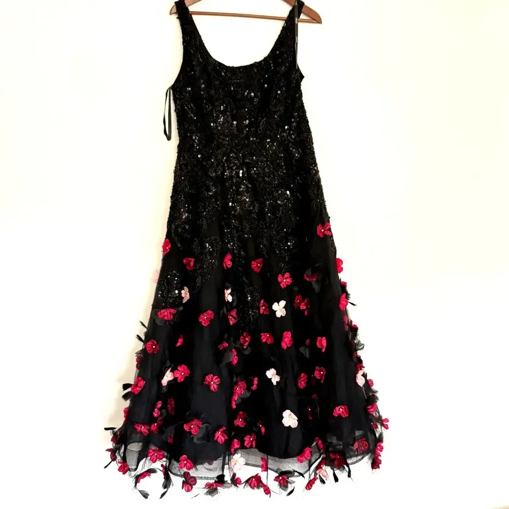 NEW Mag Duggal Sequin Floral Appliqué 3D FlowersBlack Midi Dress Size 10 - Picture 4 of 15